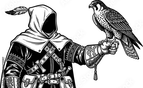 Mysterious hooded falconer hooded medieval warrior holding majestic peregrine falcon bird of prey on arm vintage woodcut black and white vector illustration