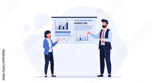 Business people presenting workflow and analytics charts on a whiteboard.