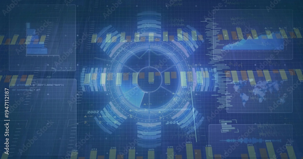 Fototapeta premium Displaying central circular holo HUD with concentric rings in virtual dashboard, showing tan bars