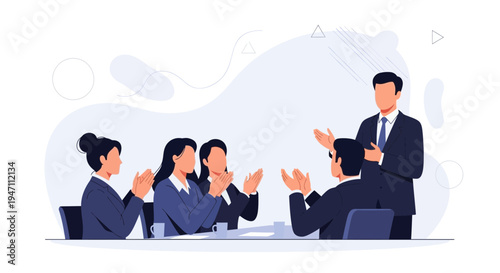 Business meeting: colleagues applauding speaker during presentation, teamwork success