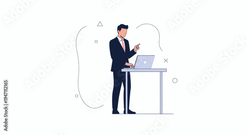 Businessman working on laptop at standing desk, presenting ideas with hand gesture