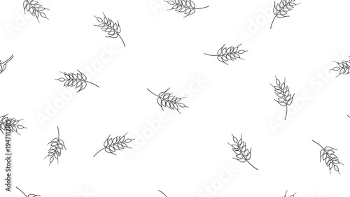 Seamless pattern of hand-drawn black and white wheat stalks and grains distributed across a clean white background for organic themes.