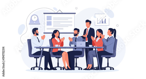 Business meeting success: team applauding leader after presentation, office interior