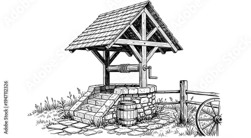 Vintage stone water well with wooden roof and barrel in rural countryside setting hand drawn sketch style vector illustration for design.