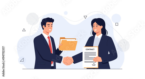Business partners shaking hands over contract and folder, agreement concept