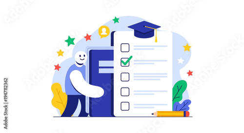Online Exam Success Checklist. Student Passing Test or Course Assessment. E-learning Graduation Concept Vector Illustration.