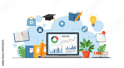 Online Education and Research Concept: Laptop Displaying Data Analysis Charts Surrounded by Books, Academic Symbols, and Idea Lightbulb