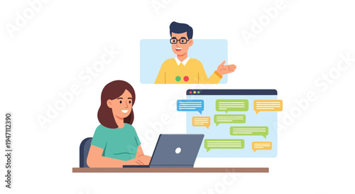 Live Chat Support Illustration: Woman messaging customer service agent on laptop. Online communication and technical help concept.