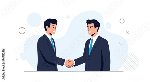 Businessmen shaking hands, partnership agreement, successful deal, corporate teamwork, modern flat illustration