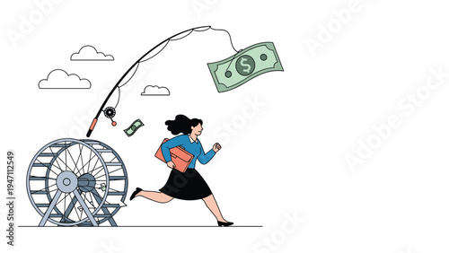Ambitious businesswoman running on a treadmill to reach a dollar bill hanging from a fishing rod held by an unseen hand in the distance.