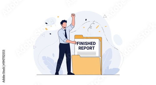 Successful businessman celebrating finishing report, achievement, business success, victory
