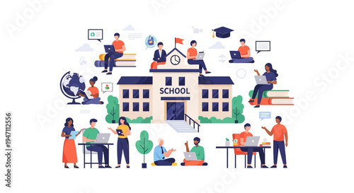 Digital Education Community: Students and Teachers Learning Online and In-Person Around School Building. E-Learning, College, University Concept Vector.