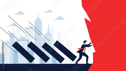 Determined businessman in a suit uses his strength to stop a row of falling dominoes in front of a city skyline representing risk management.
