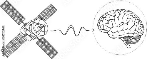 Advanced satellite technology transmitting data signals to human brain representing global communication neural networks and artificial intelligence connectivity vector illustration.