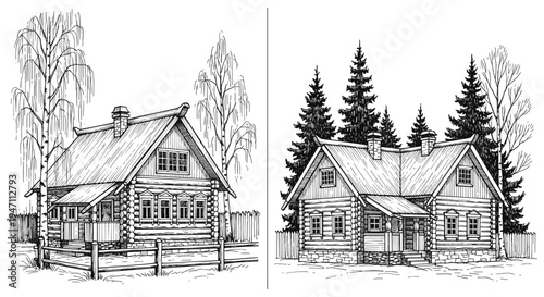 Rustic wooden log cabin house illustration set featuring traditional rural cottages with pine trees and birch forest for countryside vector designs.