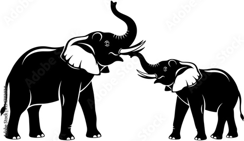 Elephant mother and baby calf vector illustration featuring black silhouette design with trunks raised isolated on white background for wildlife and nature themes.
