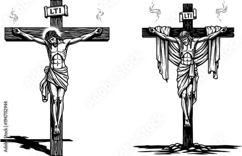 Jesus Christ crucifixion vector illustration featuring religious crosses in hand drawn line art style for Good Friday and Christian Easter holiday celebrations.