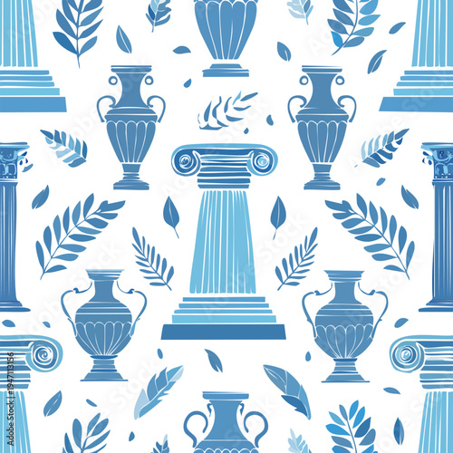 Decorative pattern with blue ancient greek columns and vases on white background