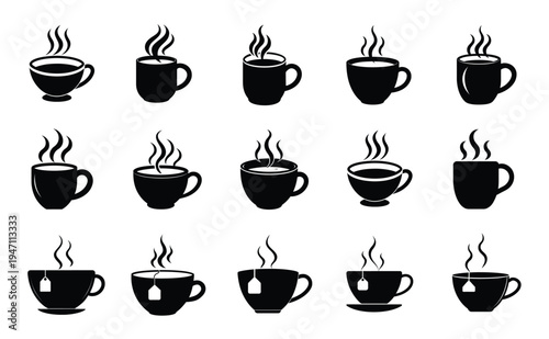 Hot coffee cup and tea mug silhouette icon featuring aromatic steam foam, cafe breakfast beverage drink, restaurant kitchen utensil more vector illustration or editable stroke.