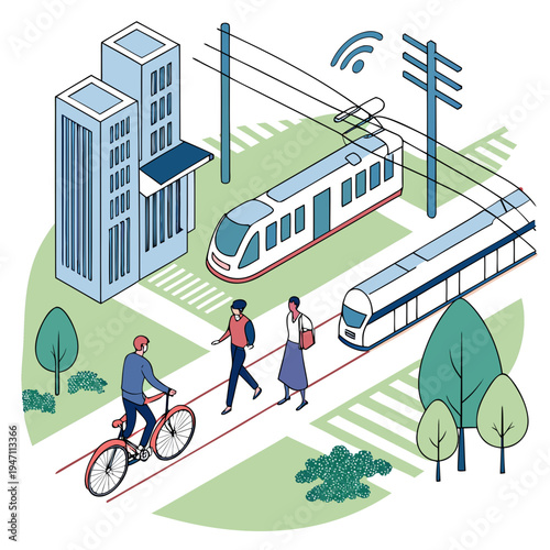 Smart city illustration: public transport, buildings, people, and connectivity, ideal for technology, urban planning, and future city themes, zebra crossing