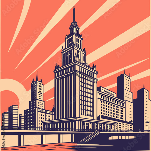 Art deco style illustration of a grand modernist skyscraper against a stylized sunburst, evoking urban grandeur and architectural ambition, old fashioned, business district