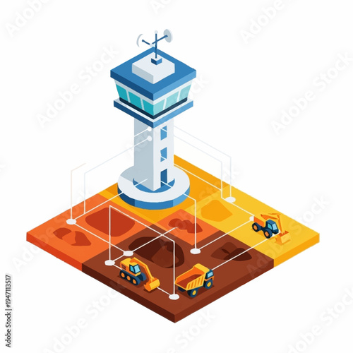 Isometric illustration of a control tower overseeing a smart construction site with autonomous vehicles.