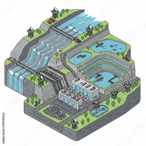 Isometric illustration of a large hydroelectric power plant.