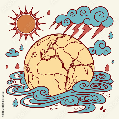 Earth facing extreme weather with sun, storm clouds, lightning, and floods, illustrating climate change impact and environmental challenges, global warming, heavy rain