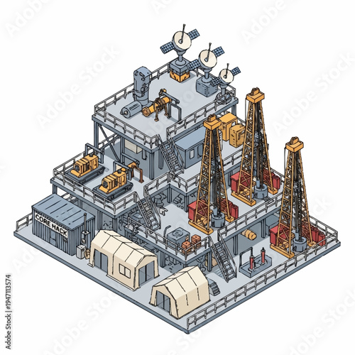 Isometric illustration of an offshore oil rig platform with drilling equipment.