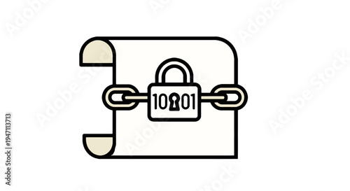Secure document with locked padlock and chain on rolled up sheet of paper with binary code