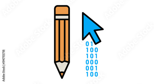 A graphic illustration of a pencil with a blue cursor clicking binary code numbers.