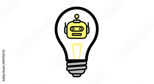 A robot is illustrated inside a lightbulb with a surprised expression.