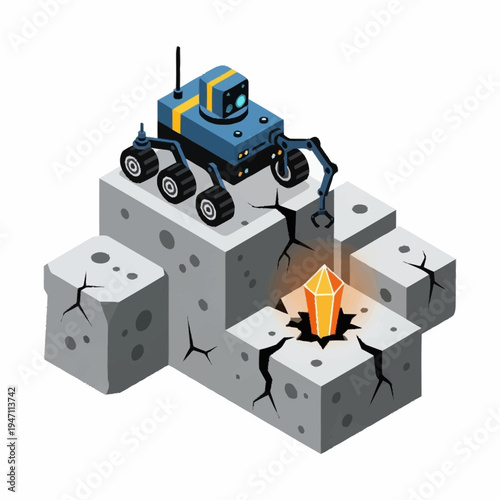 Isometric Mars Rover Mining Precious Crystal on Alien Planet.