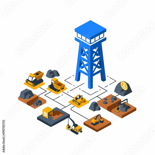 Isometric Mining Operation with Control Tower and Heavy Machinery.