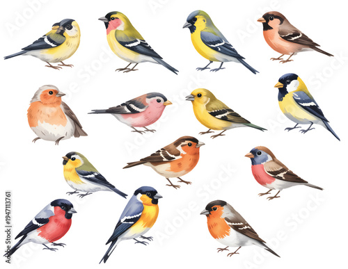Obraz na płótnie Small wild birds set with finch and sparrow species in watercolor artwork