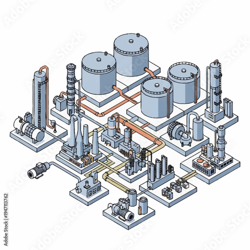 Isometric industrial plant with tanks and processing units.
