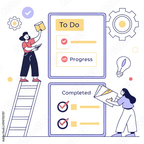 Team collaborating on a project management board, visualizing workflow and task completion, kanban board, to do list, white background