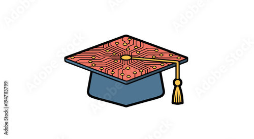 A colorful graduation cap with a tassel is shown on a table indoors.