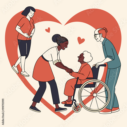 Caring individuals assist an elderly person in a wheelchair, surrounded by a heart symbol, representing compassion, support, and family care for seniors, home care
