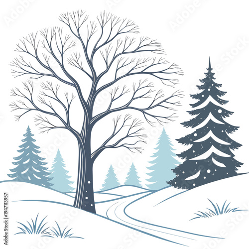 A winter scene with trees on a snowy hill