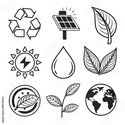 Set of hand-drawn green icons for ecology and environment: recycling, solar power, leaves, and earth, symbolizing nature and clean energy, line art, eco friendly