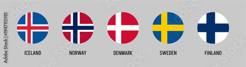 Nordic Countries Circular Flag Icon Set Vector Illustration Featuring Iceland, Finland, Sweden, Denmark and Norway National Flags in Round Design