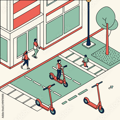 Isometric city scene with people walking and multiple electric scooters on street and sidewalk, modern urban mobility, electric scooter, eco friendly, daily life