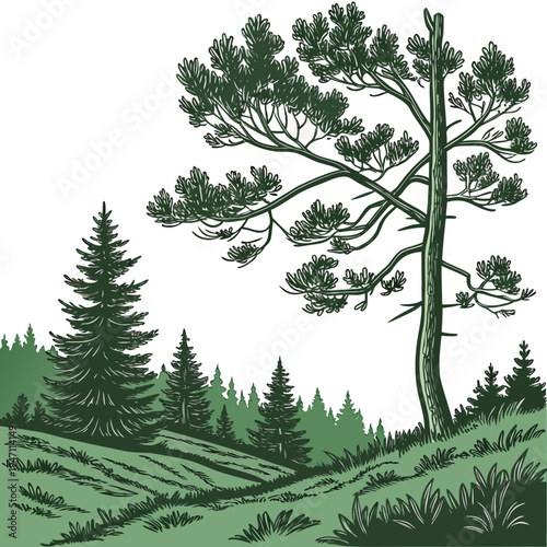 A green forest landscape with trees on a hill