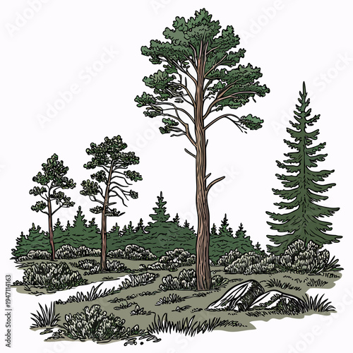 A group of pine trees on a rocky outcrop