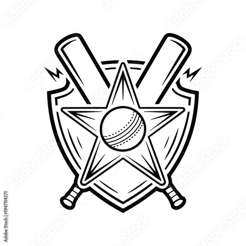 Stylized emblem featuring a cricket ball on a star emblem with crossed bats behind a shield