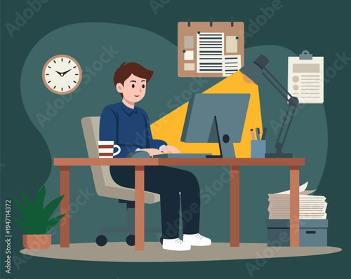 businessman working in office at night