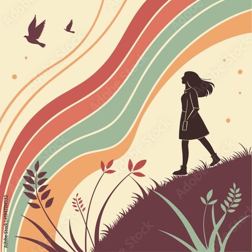 Empowering woman walking uphill in a serene retro landscape with birds and flowing stripes, symbolizing growth and journey, uphill path, natural landscape, flying birds