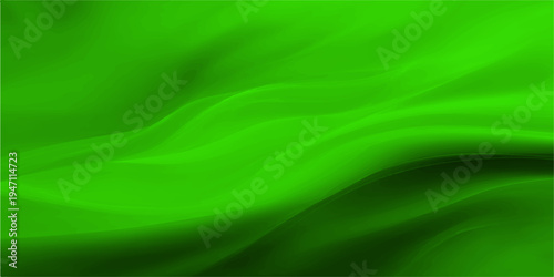 Smooth abstract green silk background with soft flowing satin waves and a light textile texture design on a curved fabric backdrop