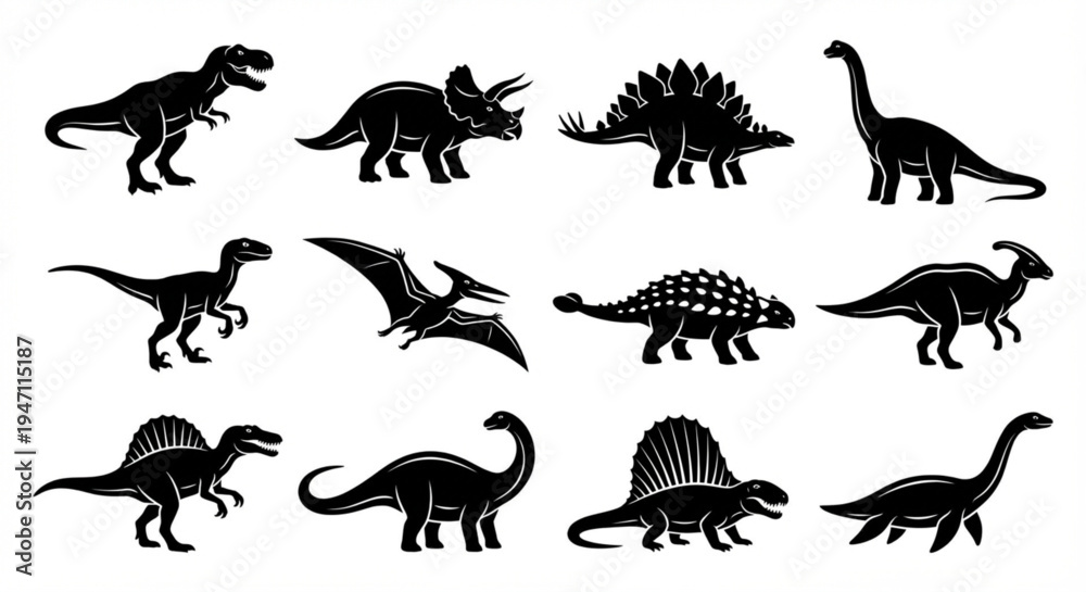 Obraz premium Various Dinosaur Species Silhouettes Collection - Black Vector Illustrations of Prehistoric Reptiles for Learning and Design